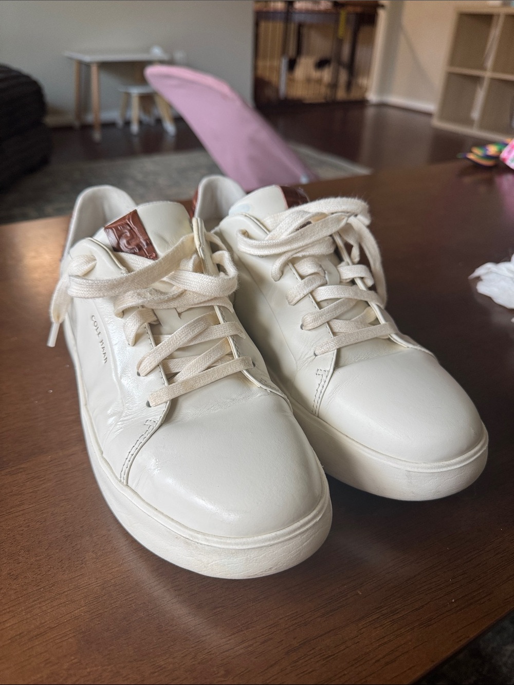 Cole Haan Cream Leather Lace-Up Sneakers with Brown Logo Tab